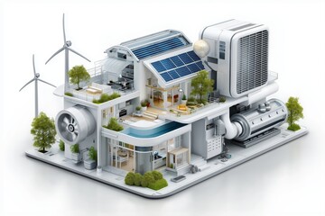 Modern eco friendly house with solar panels and wind turbine symbolizing sustainable architecture renewable energy smart efficiency and future oriented living, Generative AI