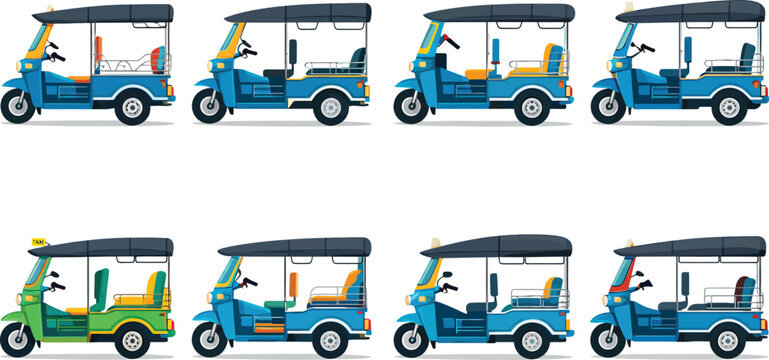 Set of 8 Tuk Tuk auto rickshaw vehicles vector illustrations