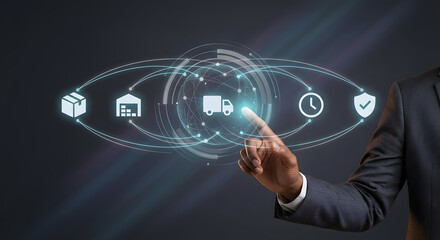 businessman hand touching virtual logistics interface with icons for shipping truck warehouse storage delivery time and global distribution network on dark background