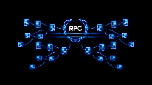 Blue glowing R P C network diagram with connected documents on black background