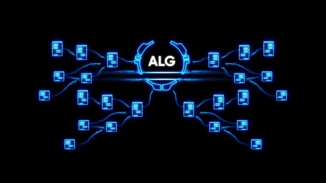 Blue neon algorithm flowchart with A L G center on black background