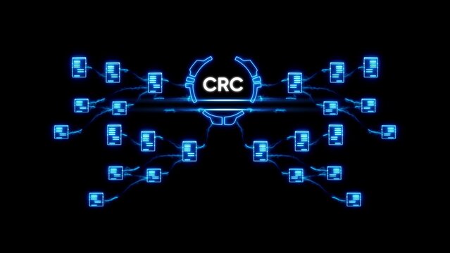 Crc symbol surrounded by glowing blue documents on black background