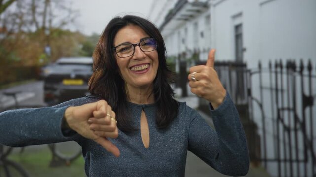 Middle aged woman wearing glasses gives thumbs up and thumbs down with both hands on city street; indecision.