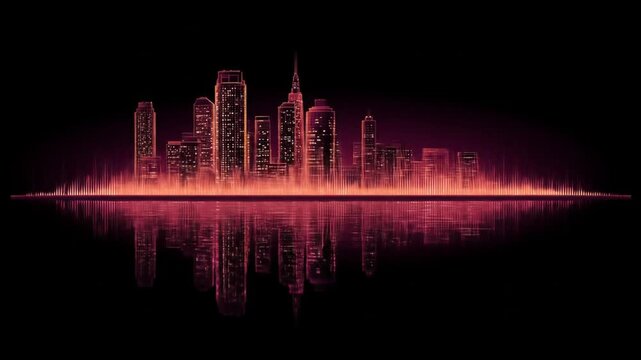 Abstract illuminated city skyline with reflection against dark backdrop