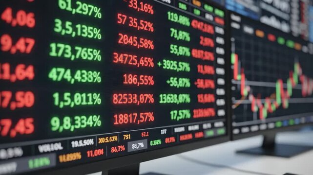 Multiple computer screens displaying volatile stock market quotes and financial charts. Global economy, business investment and modern financial technology analysis concept