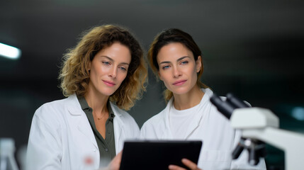 Hyperrealistic commercial stock photo of two women researchers in lab coats collaborating in a modern laboratory, one woman explaining and pointing at the computer screen while the