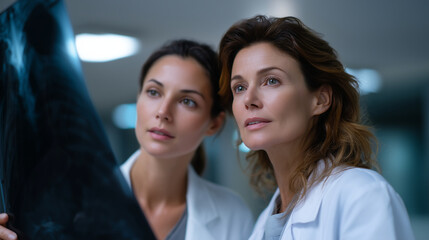 Hyperrealistic commercial stock photo of two female doctors reviewing X-ray scans in a radiology office, senior physician holding X-ray films up near a lightbox while younger docto