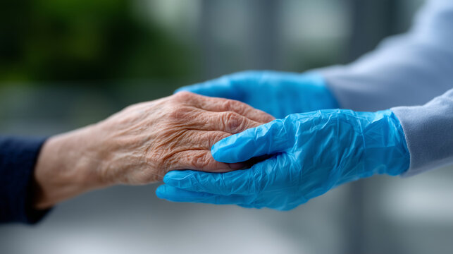 a geriatric doctor's gloved hand blue nitrile glove gently holding the wrinkled hand of an elderly senior patient, caregiver support