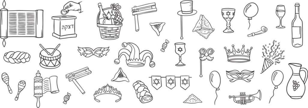 Purim hand drawn doodle design elements isolated on white background.