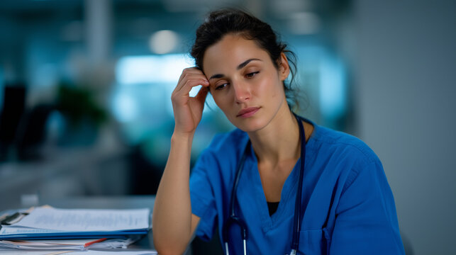 a tired female medical assistant wearing blue scrubs sitting at an office desk, stressed and exhausted, one hand touching her forehead