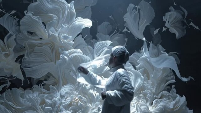 Surreal figure explores dreamy floral landscape, artfully blending shadow and light.
