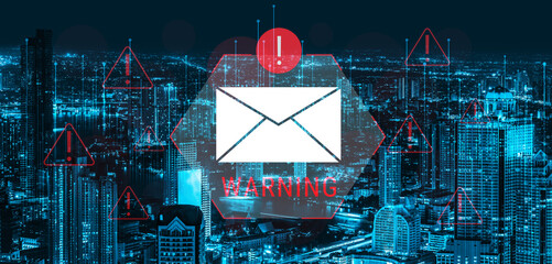 Digital warning mail interface highlights email threat detection, security monitoring, and proactive prevention of phishing and malware intrusions. Parse