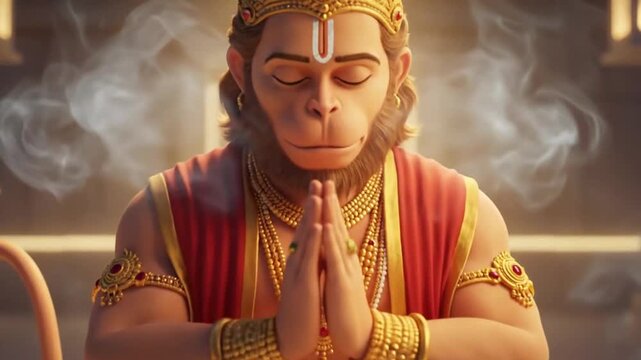 Animated Depiction of Mythical Monkey God in Traditional Ritual Setting