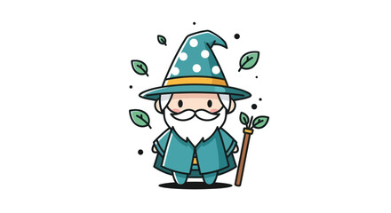 Cartoon wizard illustration green robe hat and magic staff on white