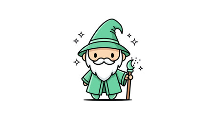 Cartoon wizard illustration in green with staff and sparkling elements