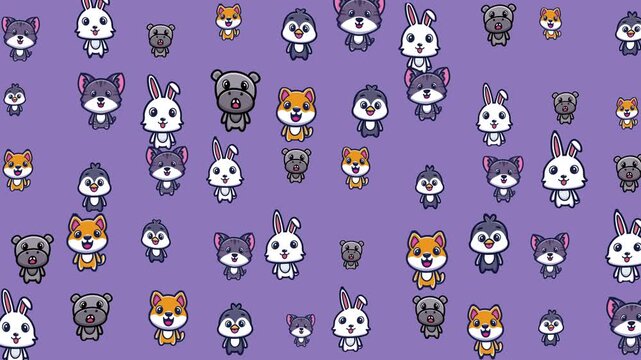 Animals pattern in purple rabbits, foxes, penguins, dogs. Great for childrens products, textiles, and animalthemed designs. Perfectly cute.