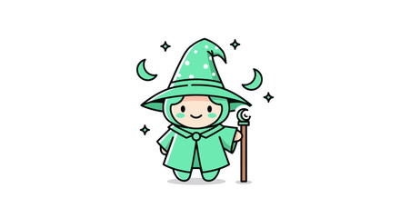 Cartoon wizard illustration with stars and crescent moons on a white background