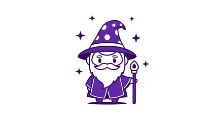 Cartoon wizard illustration with stars and staff in a simple minimalist style