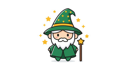 Cartoon wizard illustration with stars and wand isolated on white background