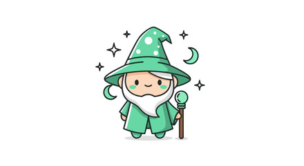 Cartoon wizard with green costume and staff against white background