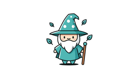 Cartoon wizard with green costume and staff isolated on white background