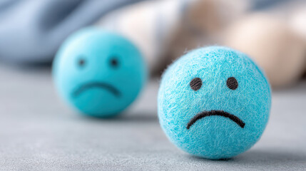 Two blue felt balls with sad faces on a gray surface. The scene conveys a sense of melancholy, representing the concept of Blue Monday.