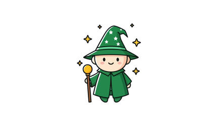Cartoon wizard with wand and green attire on white background