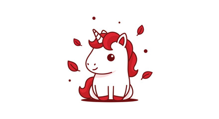 Cartoon unicorn illustration with red hair and leaves on white background