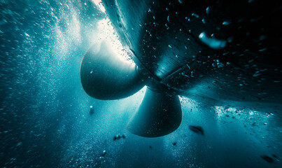 Underwater view of a large ship propeller spinning in blue water with bubbles. Propeller is dark and metallic, creating propulsion for marine transport and cargo vessel