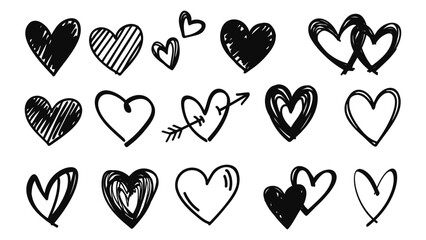 Hand Drawn Black Heart Icons Set in Doodle Style