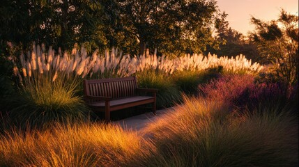 Wooden garden bench providing a quiet spot for rest and contemplation, surrounded by ornamental grasses and pampas plumes glowing in the warm light of a tranquil golden hour sunset at a public park