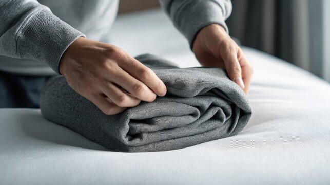 Person's hands folding a clean gray garment, tidily organizing laundry after washing, demonstrating efficient household chores and a methodical approach to domestic tasks