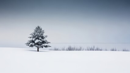 Fototapeta premium A solitary snow-covered tree stands in a serene winter landscape with a vast expanse of untouched snow and a clear blue-gray sky.
