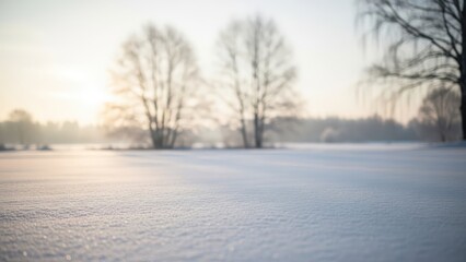 A serene winter landscape with snow-covered trees at sunrise