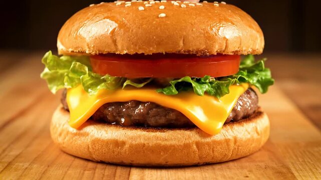 Step by step assembly of a classic cheeseburger shown in a three part sequence. A juicy beef patty with melted cheese and fresh toppings on a toasted sesame seed bun