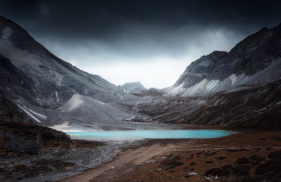 Stormy sky over Prayer flags by Milk Lake (Niunai Hai), Yading Nature reserve, Daocheng County, Southern Garze prefecture, China