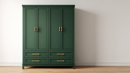 Dark green wardrobe featuring elegant gold handles and multiple drawer compartments providing practical storage in a clean, minimalist room with a light wall and wooden floor