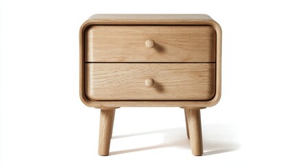Fototapeta premium Wooden nightstand with two drawers and rounded edges, showcasing minimalist scandinavian design and natural oak wood grain, providing bedroom storage and modern home decor aesthetic