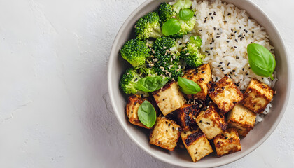 Top view of healthy tofu bowl with broccoli and rice on white background. Vegetarian food concept