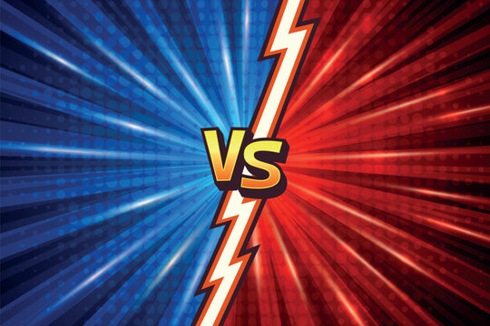 Comic Versus Vector Background. Versus Battle Screen. Versus vs Arena Split. Blue Red Halftone Burst Rays with Lightning Divider. Game Competition Banner Template, Dynamic Fighting Poster Backdrop