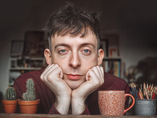 An individual gazes directly at the camera, chin resting on hands. This shot captures a calm, contemplative moment.