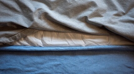 Unmade bed showing layers of soft bedding with grey duvet cover, white sheets, and a blue blanket, creating a cozy and comfortable bedroom background texture