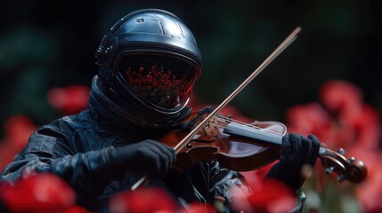 A surreal and artistic composition, featuring an astronaut in a helmet playing the violin amid a field of vibrant red flowers, creating a unique juxtaposition of science fiction and art.
