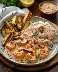 A culinary masterpiece of pan-seared shrimp with a creamy, flavorful sauce, accompanied by golden potato wedges and a bed of fluffy rice.