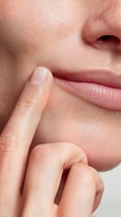 Close-up view of delicate lips, touched by a gentle finger, showcasing subtle textures and beauty in an intimate moment.