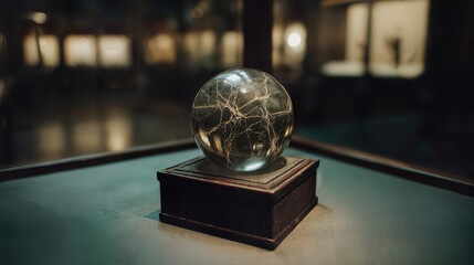 A captivating crystal ball on a pedestal, illuminated with mysterious inner patterns, sits within a dimly lit setting. Evoking an air of mysticism and ancient lore.