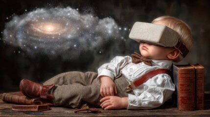 A young child, absorbed in virtual reality, discovers the boundless wonder of the universe. Surrounded by antique books, this child's imagination transcends the ordinary.