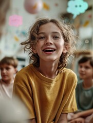 A cheerful child, surrounded by other kids, radiates joy and laughter, set in a cozy indoor scene, celebrating happiness.