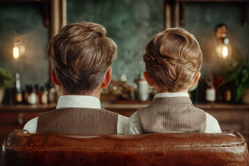Two young boys in matching outfits sit together, facing a mirror and showcasing their similar hairstyles. The image highlights the innocence of childhood.