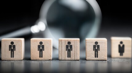 A magnifying glass hovers above a row of wooden blocks, each etched with a figure, embodying a strategic search for the ideal individual within a concept of job placement and human resources.